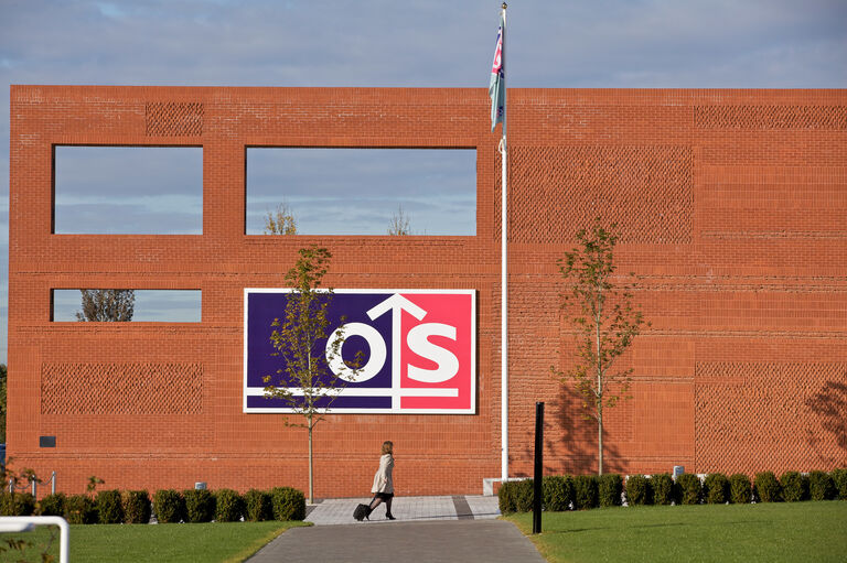 The exterior facade of the Ordnance Survey Headquarters near Southampton, UK, designed by Broadway Malyan